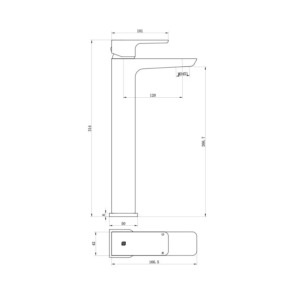 The Tap Factory Razor High Rise Basin Mixer Technical Drawing