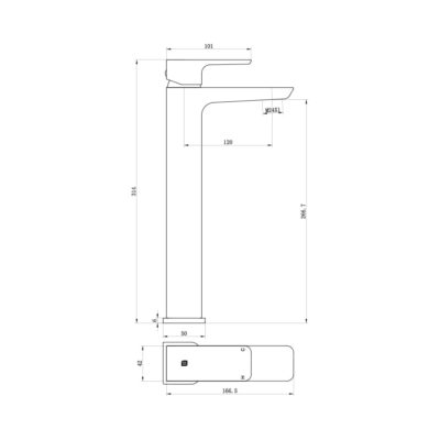 The Tap Factory Razor High Rise Basin Mixer Technical Drawing