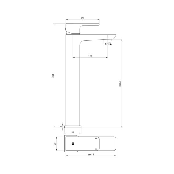 The Tap Factory Razor High Rise Basin Mixer Technical Drawing