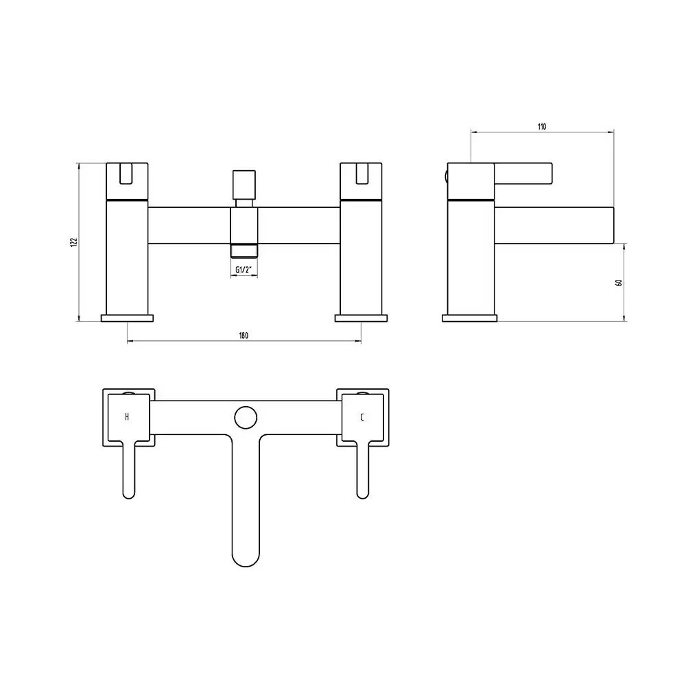 The Tap Factory Vertu Bath Shower Mixer Technical Drawing