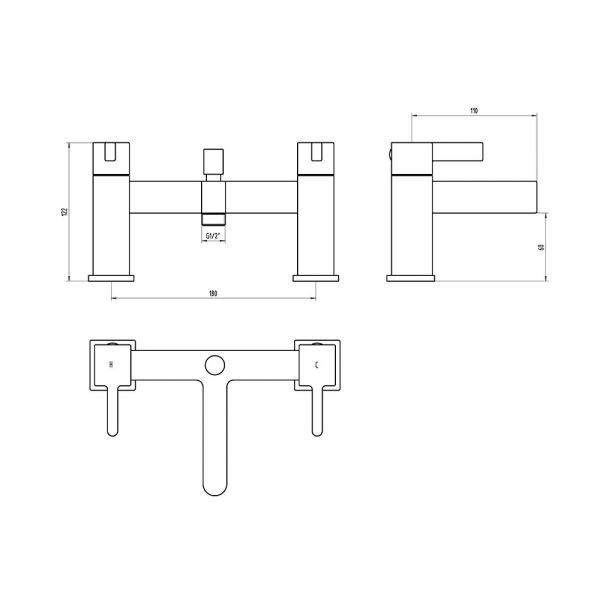 The Tap Factory Vertu Bath Shower Mixer Technical Drawing