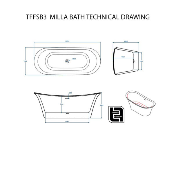 The Tap Factory Milla 1700 Free Standing Bath Technical Drawing