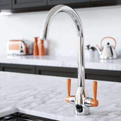 The Tap Factory Vibrance Duo Kitchen Mixer Tap in Chrome with Orange handles.