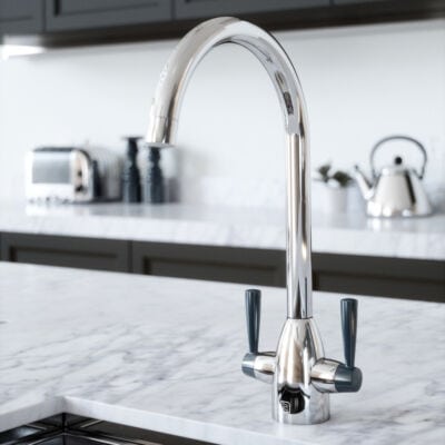 The Tap Factory Vibrance Duo Kitchen Mixer Tap in Chrome with indigo handles.