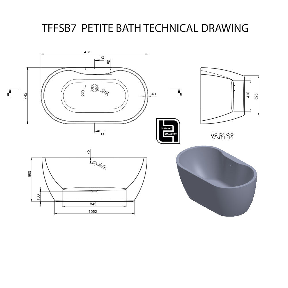 The Tap Factory Petite 1415mm Bath Technical Drawing