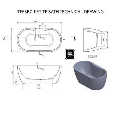 The Tap Factory Petite 1415mm Bath Technical Drawing