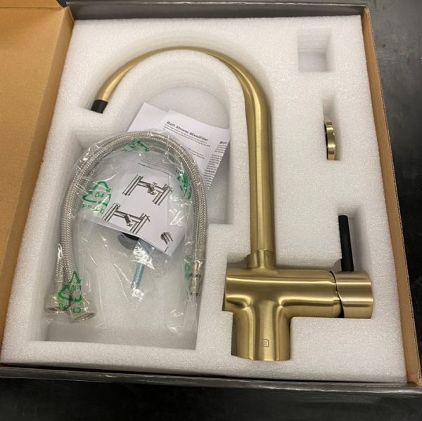 The Tap Factory Vibrance Solo Kitchen Mixer Tap in Brushed Brass with Black Handle