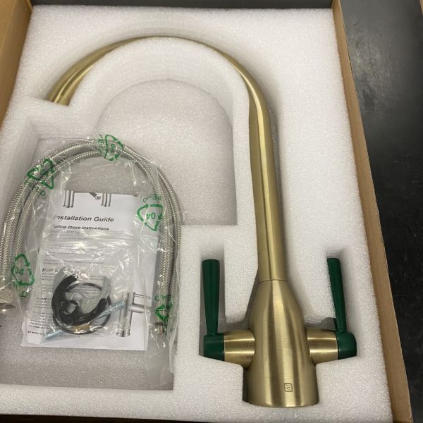 The Tap Factory Vibrance Duo in brushed brass with racing green handles