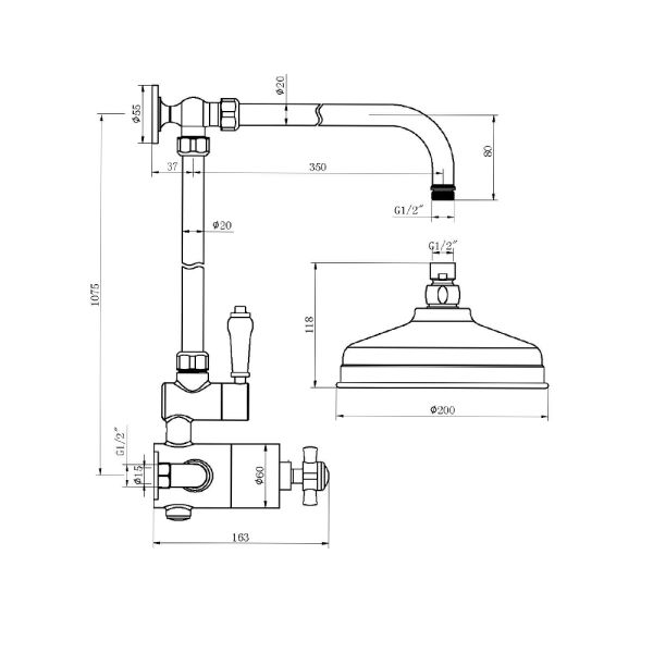 The Tap Factory Traditional Thermostatic Shower Set Line Drawing
