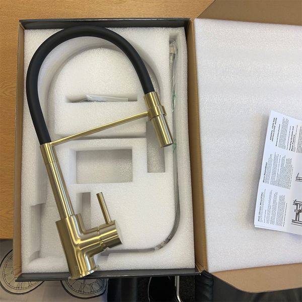 The Tap Factory Vibrance Tube Kitchen Mixer in Brushed Brass Body with Black Tube Neck