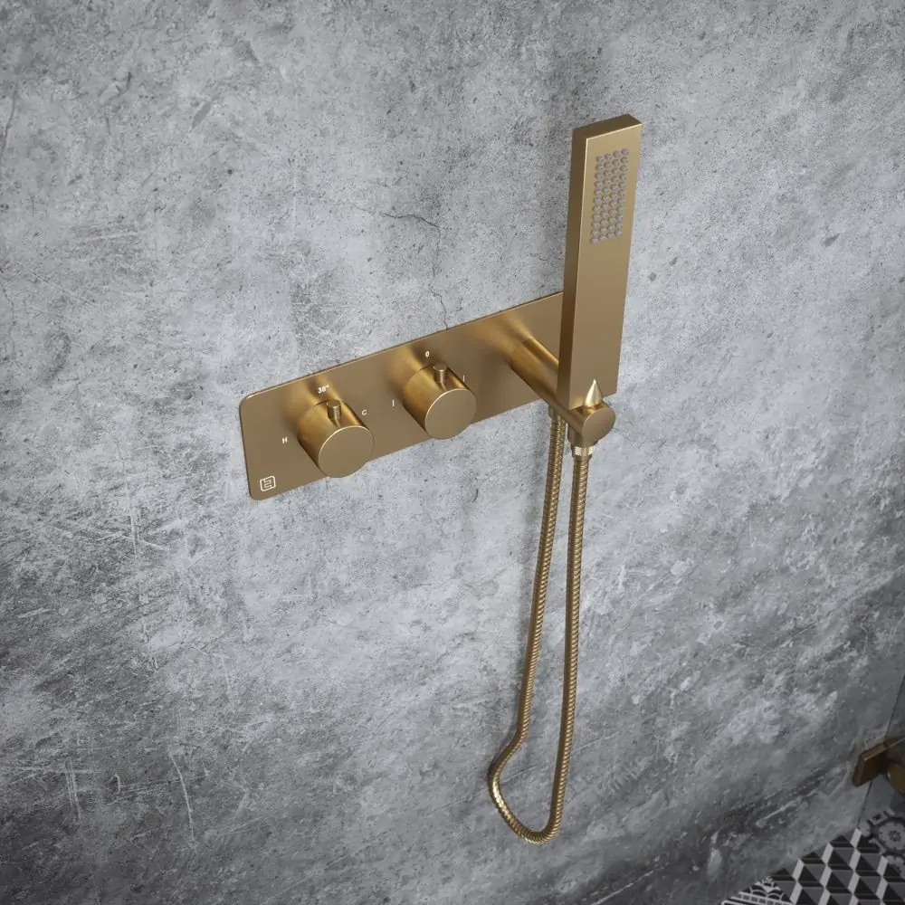 Brushed Brass Basin Tap, Bath Filler and Thermostatic Shower Set - Image 2