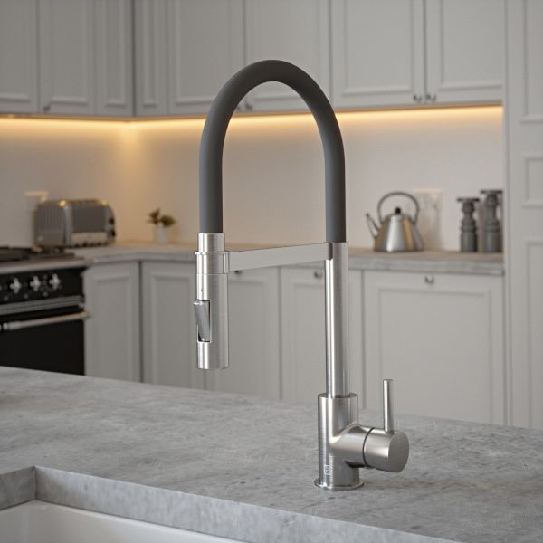 The Tap Factory Tube Spray Tap in Nickel with Blade Grey Tube