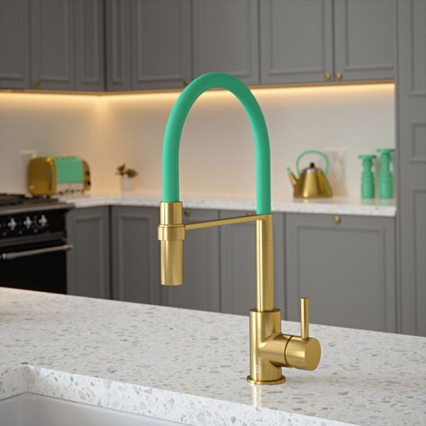 The Tap Factory Tube Tap Without Spray Function in Brushed Brass with Aqua Sea Tube