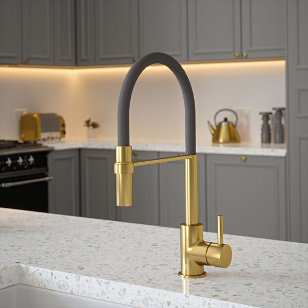 The Tap Factory Tube Tap Without Spray Function in Brushed Brass with Blade Grey Tube
