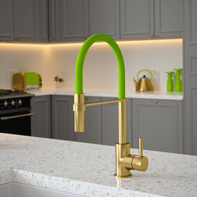 The Tap Factory Tube Tap Without Spray Function in Brushed Brass with Green Tea Tube
