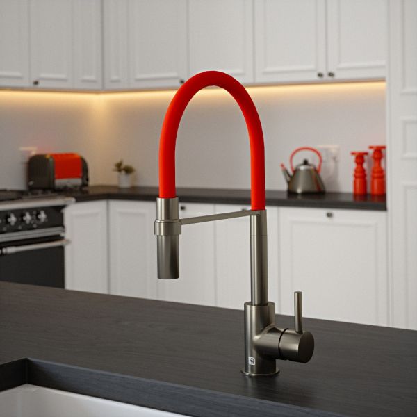 The Tap Factory Tube Tap Without Spray Function in Gun Metal with Sunset Red Tube
