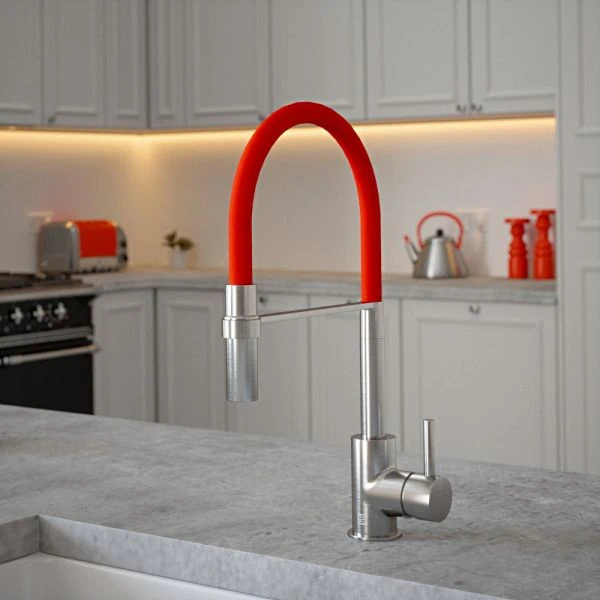 The Tap Factory Tube Tap Without Spray Function in Nickel with Sunset Red Tube