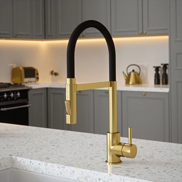 The Tap Factory Tube Spray Tap in Brushed Gold with Black Velvet Tube