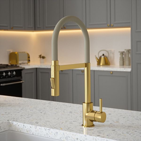 The Tap Factory Tube Spray Tap in Brushed Gold with Bone Ivory Tube