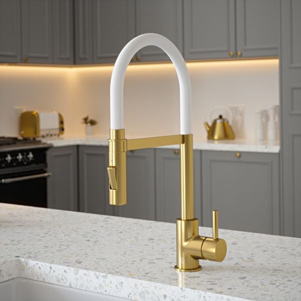The Tap Factory Tube Spray Tap in Brushed Gold with Ghost White Tube