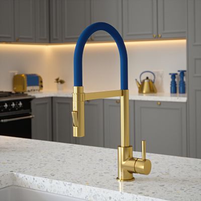 The Tap Factory Tube Spray Tap in Brushed Gold with Salamanca Blue Tube