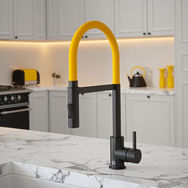 The Tap Factory Tube Black Tap with Spray Function in Mustard Pot