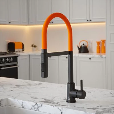 The Tap Factory Tube Black Tap with Spray Function in Orange Zest