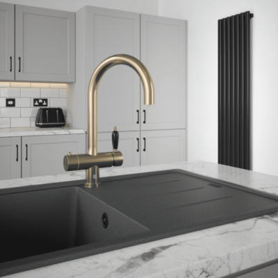 The Tap Factory Shaker Twist 4 in 1 tap in Brushed Brass with Black Handle