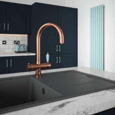 The Tap Factory Shaker Twist 4 in 1 tap in Copper with Pastel Blue Handle