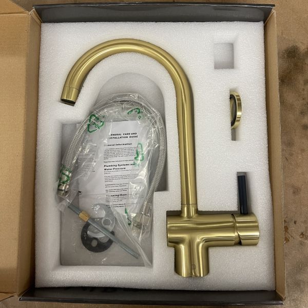 The Tsp Factory Ex Display Brushed Brass Vibrance Solo Kitchen Tap with Indigo Handle