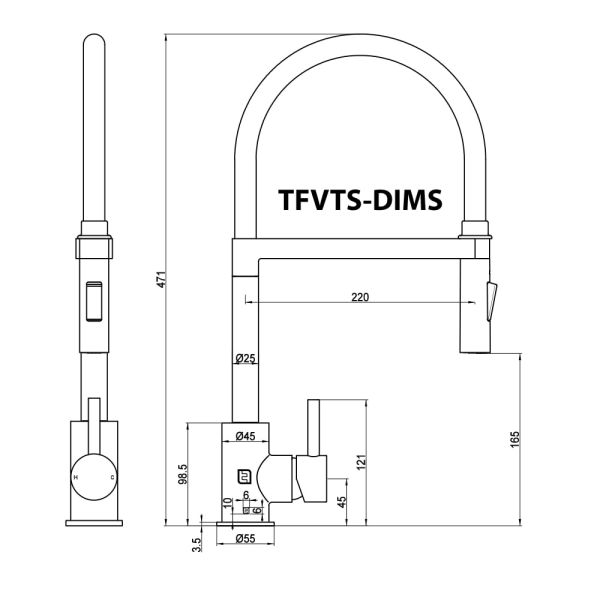 Dimensions for Tube Spray Tap from The Tap Factory