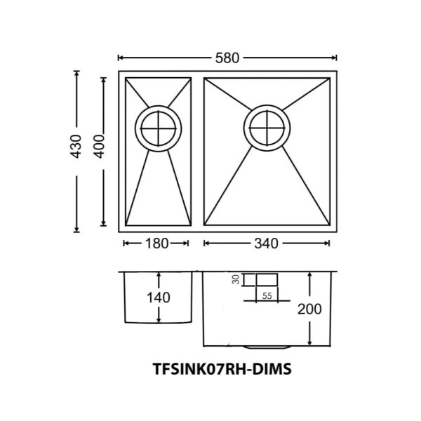 The Tap Factory SINK07 RH Sink Line Drawing 580 x 430 x 140mm