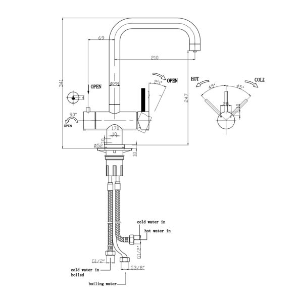 Carysil Brassware'schrome instant hot tap set line drawing
