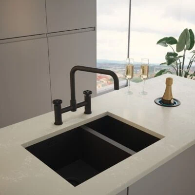 Quilt Diamond Carved Bridge Kitchen Mixer Tap Black