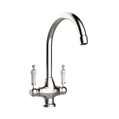 Traditional Twin Lever Kitchen Mixer – Brushed Steel with Ceramic Levers
