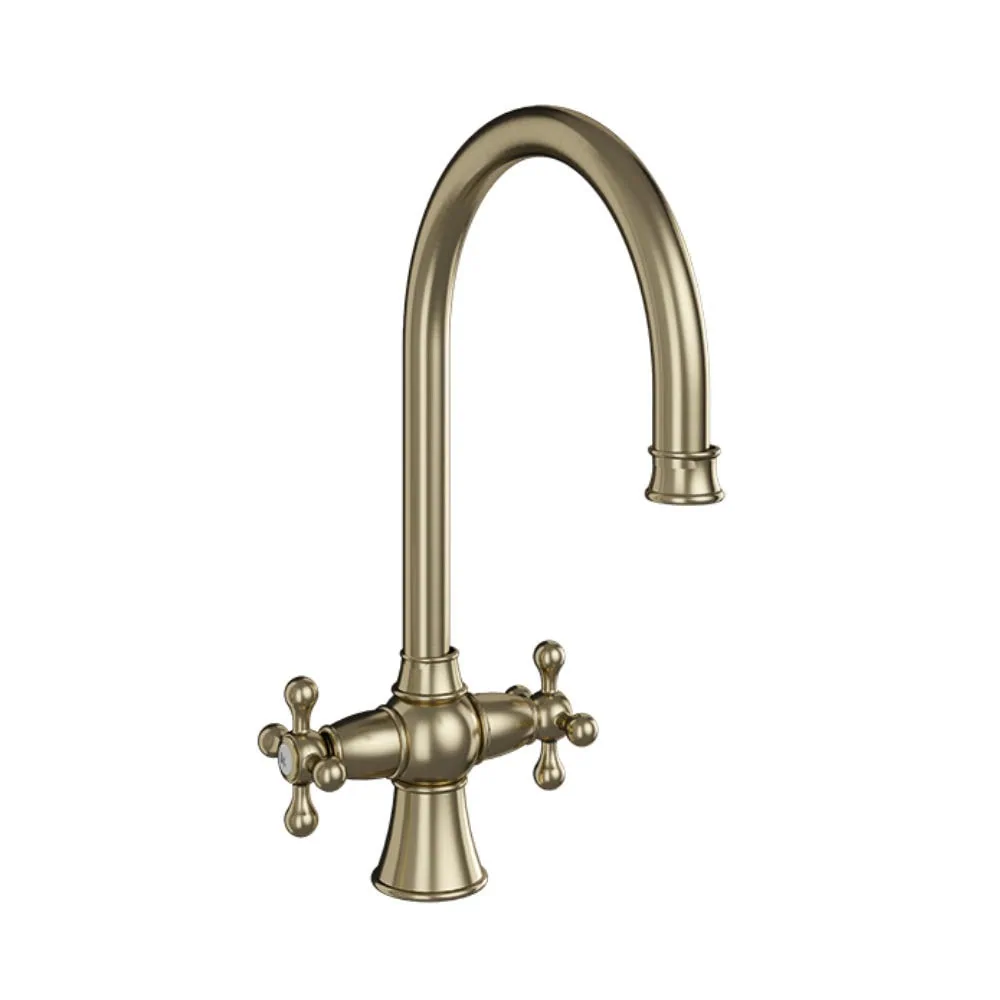 Traditional Cross Head Twin Kitchen Mixer Brushed Brass