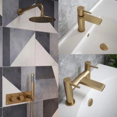 Brushed Brass Basin Tap, Bath Filler and Thermostatic Shower Set