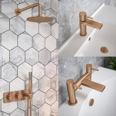 Brushed Copper Basin Tap, Bath Filler and Thermostatic Shower Set