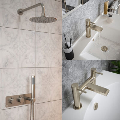 Brushed Nickel Basin Tap, Bath Filler and Thermostatic Shower Set