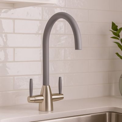 Twin Lever Kitchen Mixer Brushed Steel with Coloured Spout