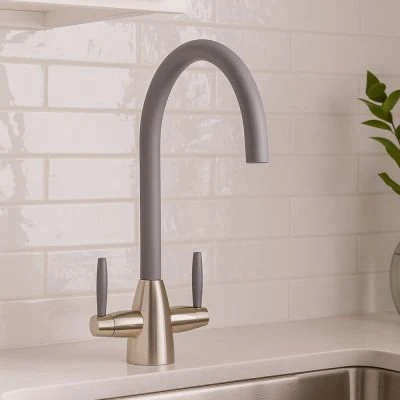Twin Lever Kitchen Mixer Brushed Steel with Coloured Spout