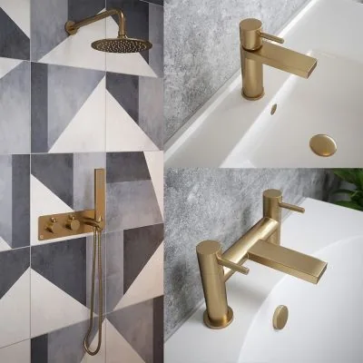 Brushed Brass Basin Tap, Bath Filler and Thermostatic Shower Set