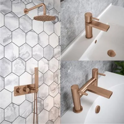 Brushed Copper Basin Tap, Bath Filler and Thermostatic Shower Set