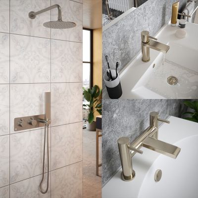 Brushed Nickel Basin Tap, Bath Filler and Thermostatic Shower Set