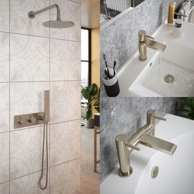 Brushed Nickel Basin Tap, Bath Filler and Thermostatic Shower Set