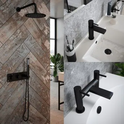 Matt Black Basin Tap, Bath Filler and Thermostatic Shower Set