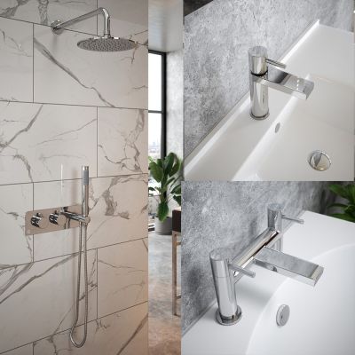 Polished Chrome Basin Tap, Bath Filler and Thermostatic Shower Set
