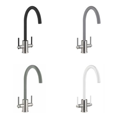 Twin Lever Kitchen Mixer Brushed Steel with Coloured Spout