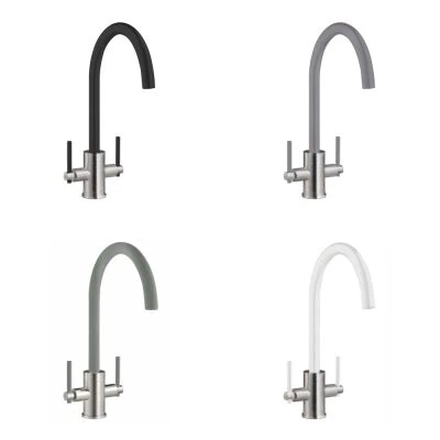 Twin Lever Kitchen Mixer Brushed Steel with Coloured Spout